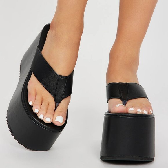 NEW🔥 Black Thong Open Toe Sky High Platform Wedge Heel Slide Sandals Flip Flops - Picture 4 of 4